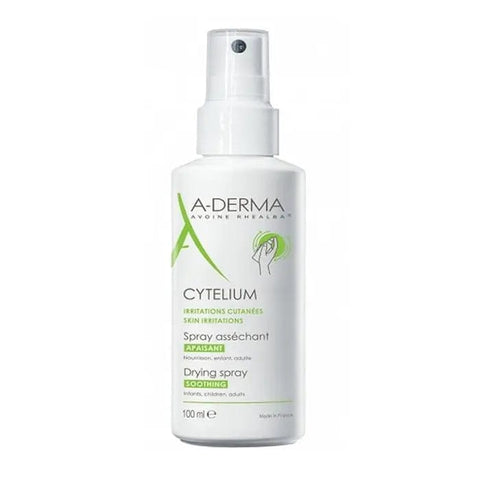 A-Derma Cytelium Drying Spray 100ml bottle, clear packaging and spray nozzle, designed for skin healing and dryness relief.