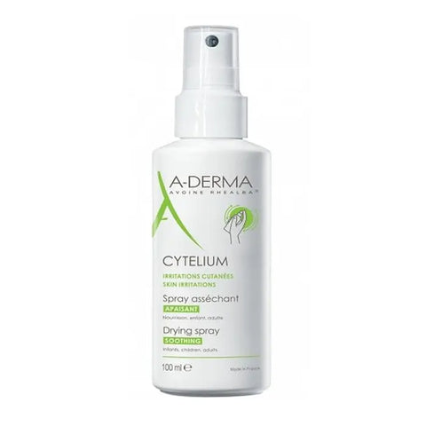 A-Derma Cytelium Drying Spray in 100ml bottle with white and blue design, used for skin drying and soothing.
