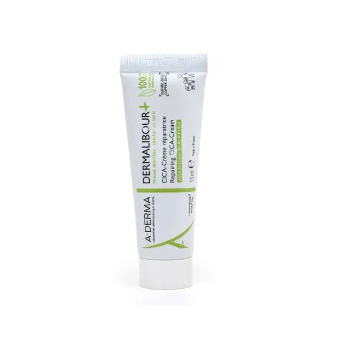 A-Derma Dermalibour + Cica Repair Cream 15ml in a white tube with blue accents, designed for soothing and repairing skin.