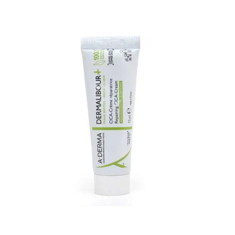 A-Derma Dermalibour + Cica Repair Cream in 15ml jar, skincare product with soothing Cica, shown in a close-up image.