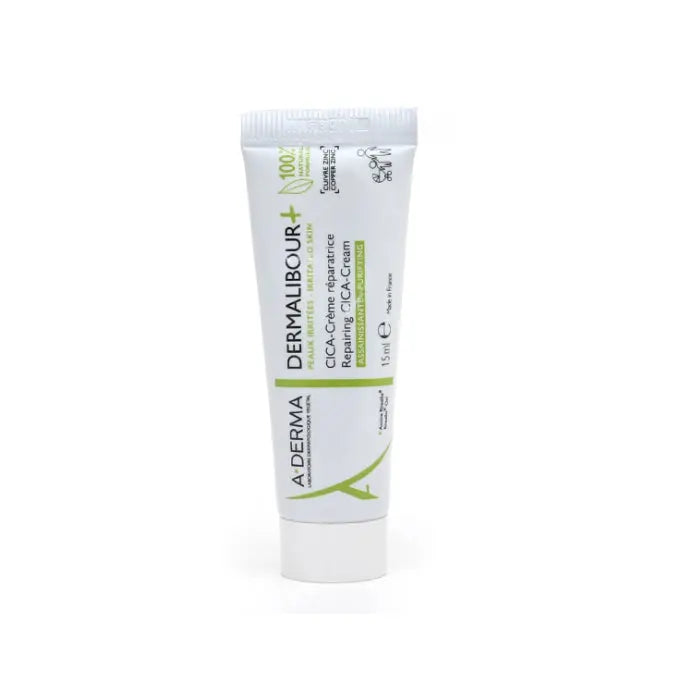 A-Derma Dermalibour + Cica Repair Cream 15ml tube, soothing skincare product with green and white packaging.