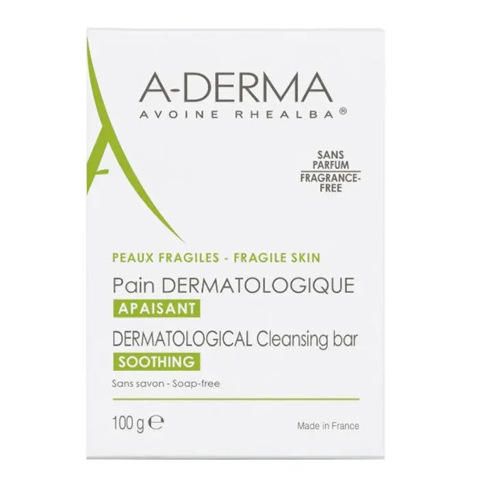 A-Derma Dermopan soothing soap bar in 100g, with a white rectangular shape and minimalist packaging, displayed on a neutral background.