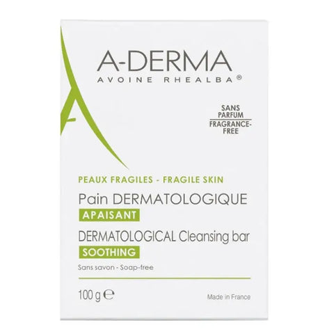 A-Derma Dermopan soothing soap bar in 100g, with a white rectangular shape and minimalist packaging, displayed on a neutral background.