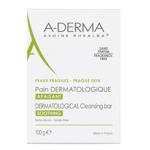 A-Derma Dermopan soothing soap bar 100g with gentle cleansing ingredients, displayed on a neutral background.