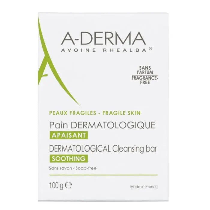 A-Derma Dermopan soothing soap bar 100g, with gentle cleansing ingredients, displayed on a plain background.
