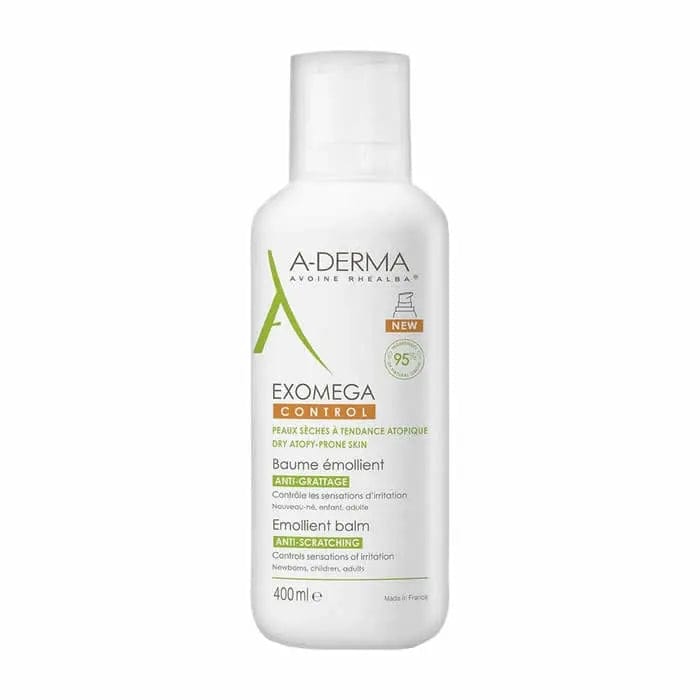 A-Derma Exomega Balm for dry skin in a 400ml jar, featuring a white and green label, designed for nourishing and soothing dry skin.