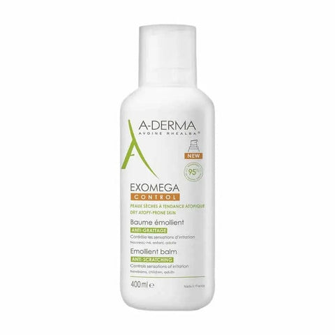 A-Derma Exomega Balm for dry skin in a 400ml jar, featuring a white and green label, designed for nourishing and soothing dry skin.