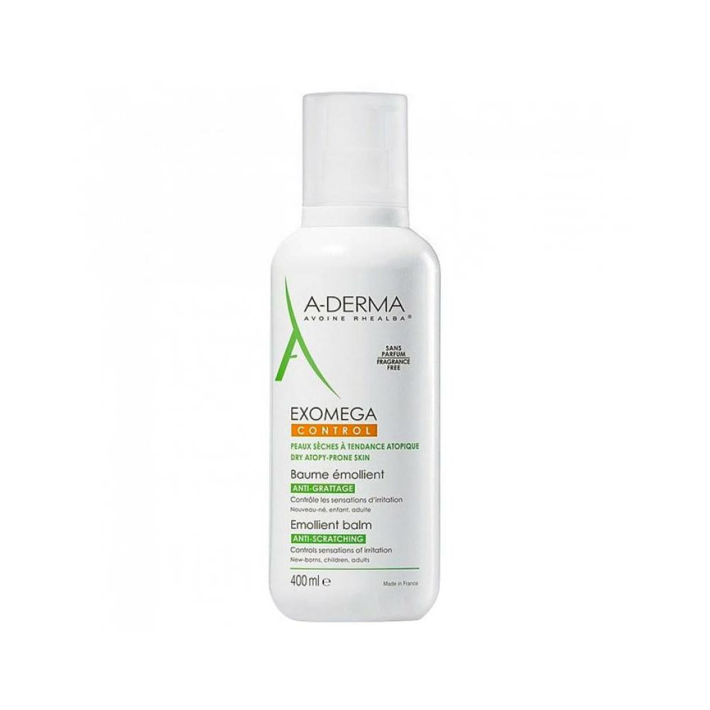 A-Derma Exomega Balm for dry skin in a 400ml jar, featuring a white and green label, on a neutral background.