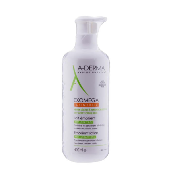 A-Derma Exomega Control Lotion for dry skin in a 400ml bottle, shown with the product label and applicator cap.
