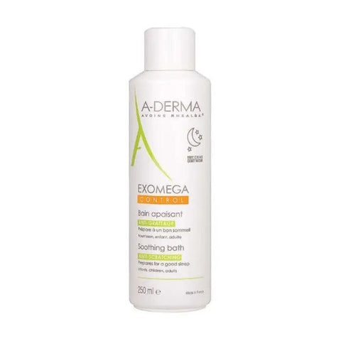 A-Derma Exomega Control Soothing Bath 250ml in a white bottle with blue and green accents, designed for gentle skincare.