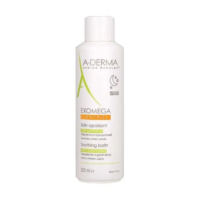 A-Derma Exomega Control Soothing Bath in a 250ml bottle, designed for gentle skin relief and relaxation, with calming ingredients.