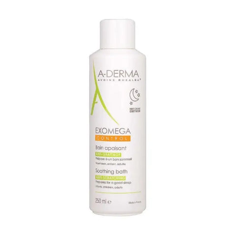A-Derma Exomega Control Soothing Bath in a 250ml bottle, featuring gentle, calming formula for sensitive skin.