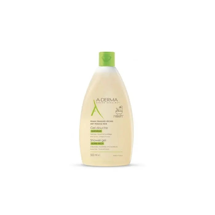 A-derma Overweight Shower Gel in 500ml bottle, displayed with the Jag Couture London - New York branding on the packaging.