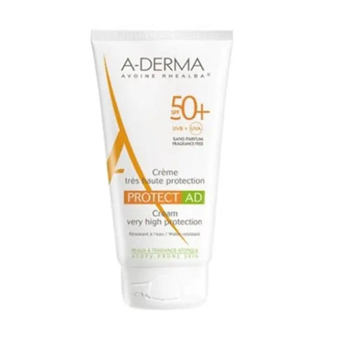A-Derma Protect AD 50+ moisturizer in 150ml tube, designed for sensitive skin, with the branding of Jag Couture London New York.