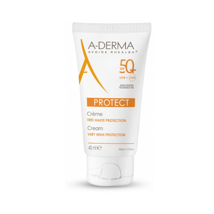 A-Derma Protect fragrance-free SPF 50 cream in a 40ml tube, designed for sensitive skin, with a plain white packaging.