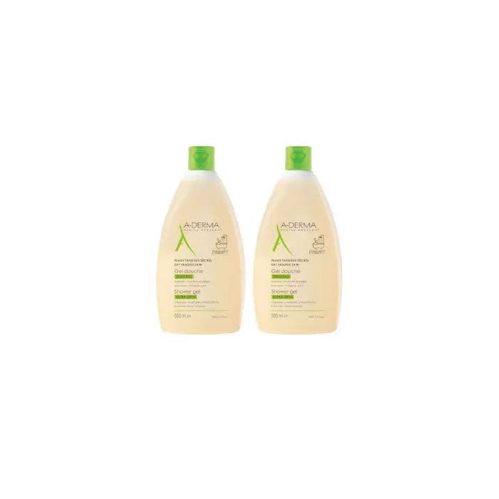 A-Derma shower gel for dry and sensitive skin in two 500ml bottles, displayed with clean, gentle packaging from Jag Couture London-New York.