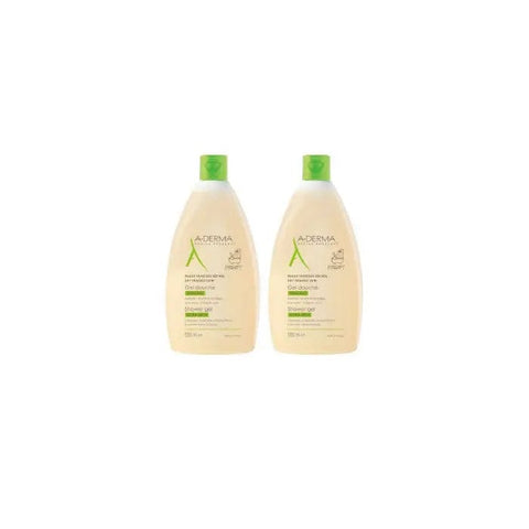 A-Derma shower gel for dry and sensitive skin in two 500ml bottles, displayed with clean, gentle packaging from Jag Couture London-New York.