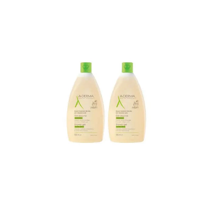 A-Derma shower gel for dry and sensitive skin in two 500ml bottles, with clear packaging and labeling, by Jag Couture London New York.
