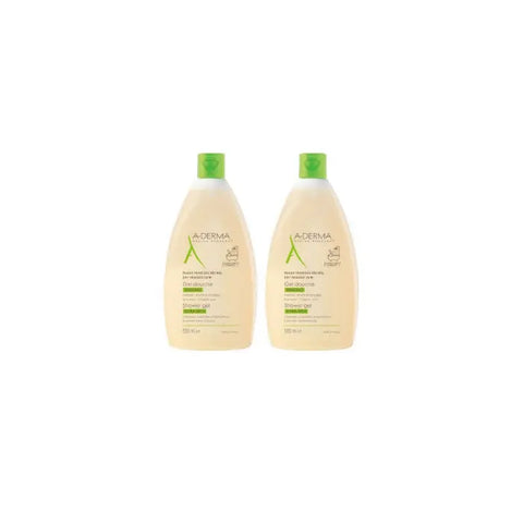 A-Derma shower gel for dry and sensitive skin in two 500ml bottles, with clear packaging and labeling, by Jag Couture London New York.