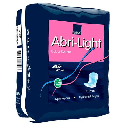 Abena Abri-Light Mini in 20U, discreet adult incontinence pads, shown in a close-up image with packaging details.