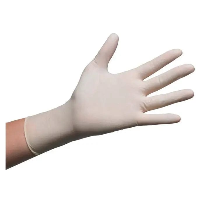Pair of Abena Latex Gloves in natural color, XS size, from Jag Couture London - New York, shown in a close-up image.