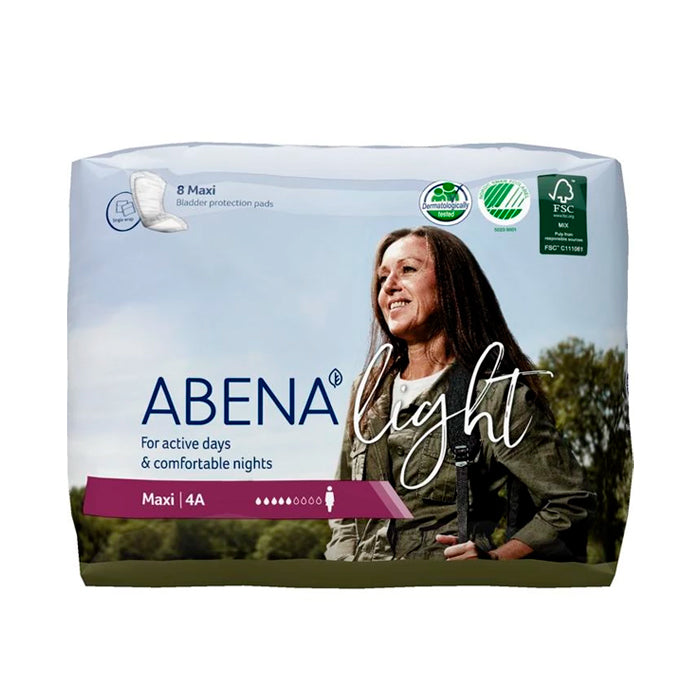 Abena Light Maxi adult incontinence pads with 8 units, from Jag Couture London - New York, shown in a close-up image.
