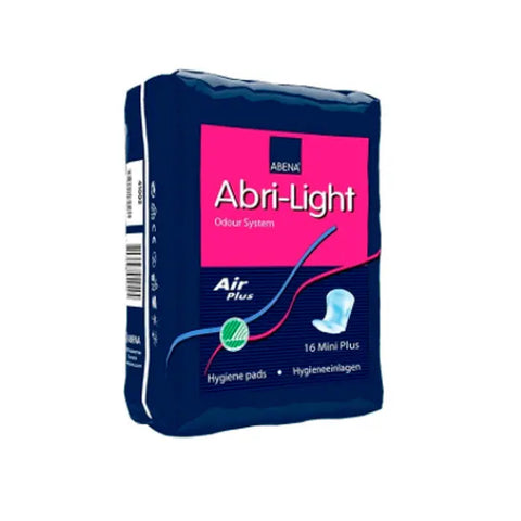 Abena Light Mini Plus adult incontinence pads, 16-unit pack, shown in white packaging with product details from Jag Couture London.