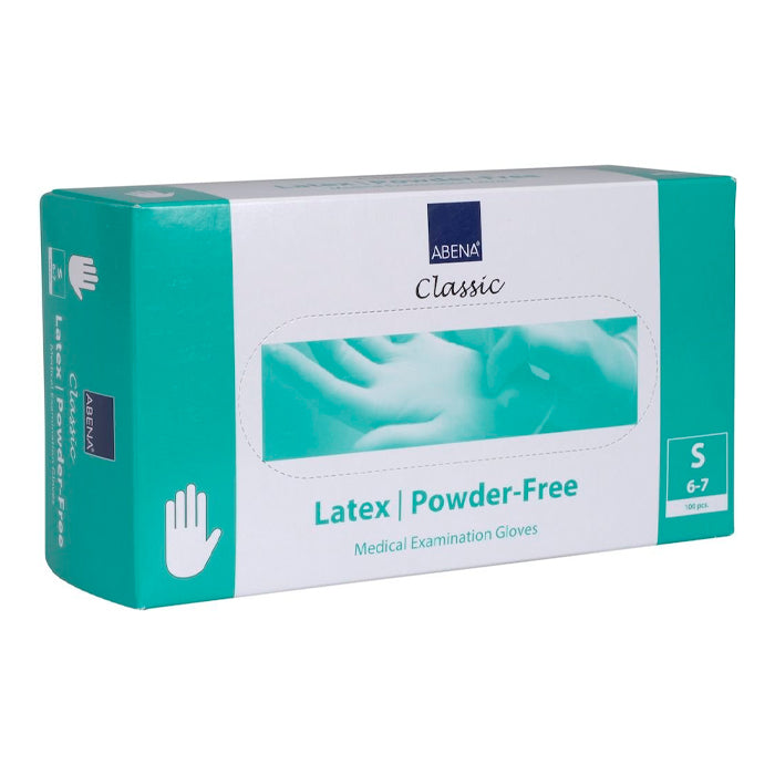 Pair of Abena Natural Latex Gloves in size S by Jag Couture London New York, showing the gloves laid flat with textured surface.