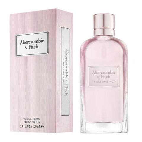 Abercrombie & Fitch First Instinct Woman 100ml perfume spray with elegant bottle, showcasing the fragrance packaging.