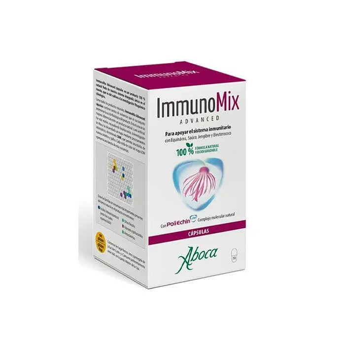 Aboca Inmmunomix Advanced 50 capsules, dietary supplement for immune support, in a clear container with label and capsules visible.