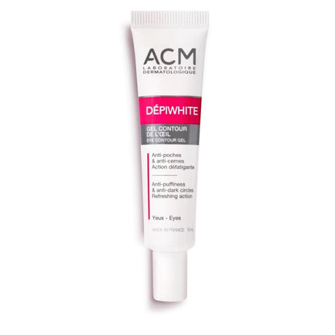Acm Depíwhite Eye Contour Gel by Jag Couture London - New York in a 15ml tube, shown with the gel applicator and packaging.