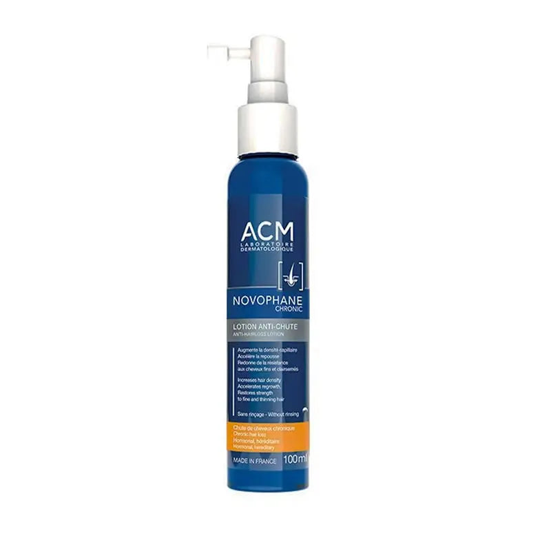Acm Novophane Chronic Anti-Hair Loss Lotion 100ml bottle by Jag Couture London - New York, with product label and packaging.