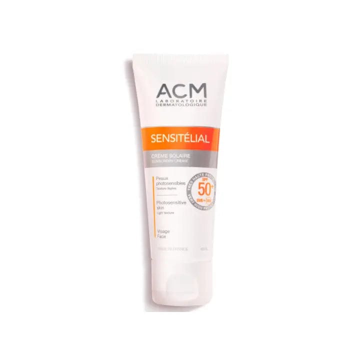 Acm Sensitélial Sunscreen Cream SPF50 by Jag Couture London, New York, in a 40ml tube, showing the product packaging.