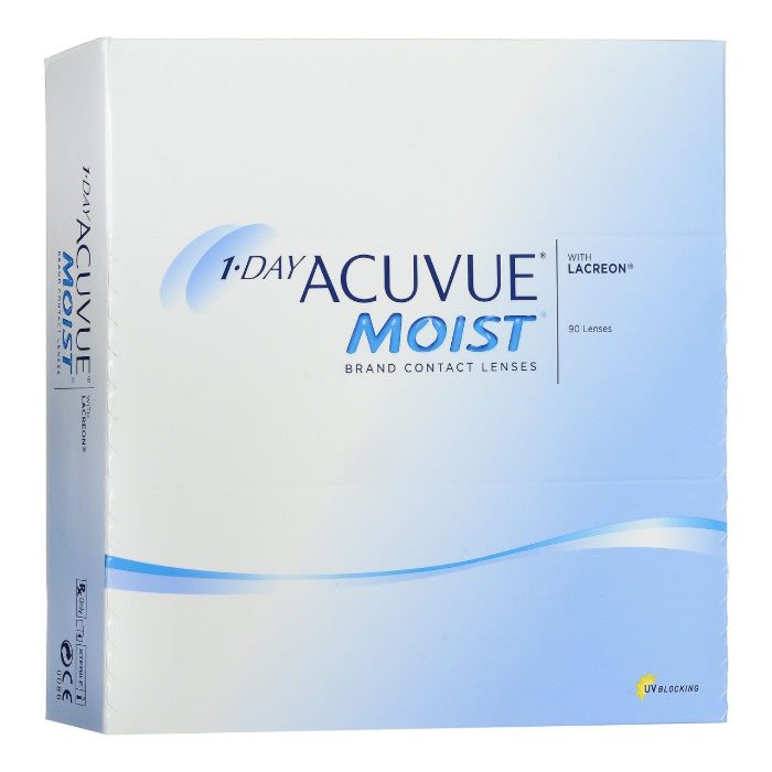 Acuvue Moist 1-Day Contact Lenses by Jag Couture London, New York, 90 units with -2.25 BC, 8.5 diameter, in blister pack.