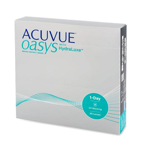 Acuvue Oasys Hydraluxe daily contact lenses in -4.00 BC and -8.5 power, 90 lenses in a box, shown in packaging.