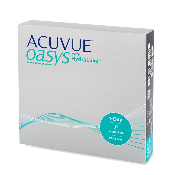 Acuvue Oasys Hydraluxe daily contact lenses in -4.00 BC and -8.5 power, 90 units, shown in a clear container.