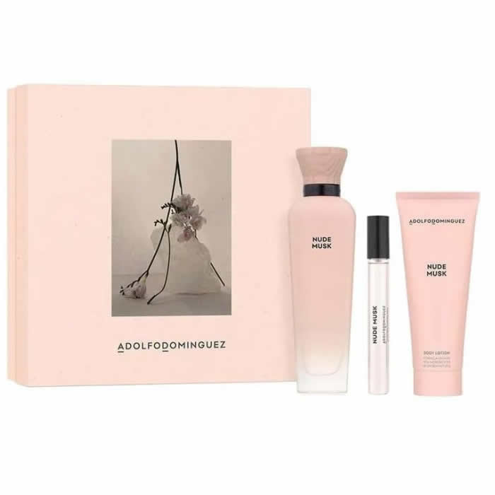 Set of three AD Nude Musk Eau de Parfum spray bottles by Jag Couture London, featuring elegant 120ml bottles in stylish packaging.