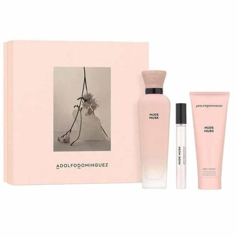 Set of three AD Nude Musk Eau de Parfum spray bottles by Jag Couture London, featuring elegant 120ml bottles in stylish packaging.