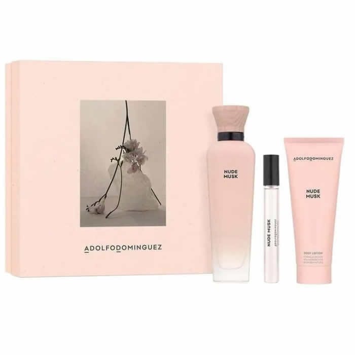 Set of three AD Nude Musk Eau de Parfum sprays by Jag Couture London, featuring sleek 120ml bottles with minimalist design.