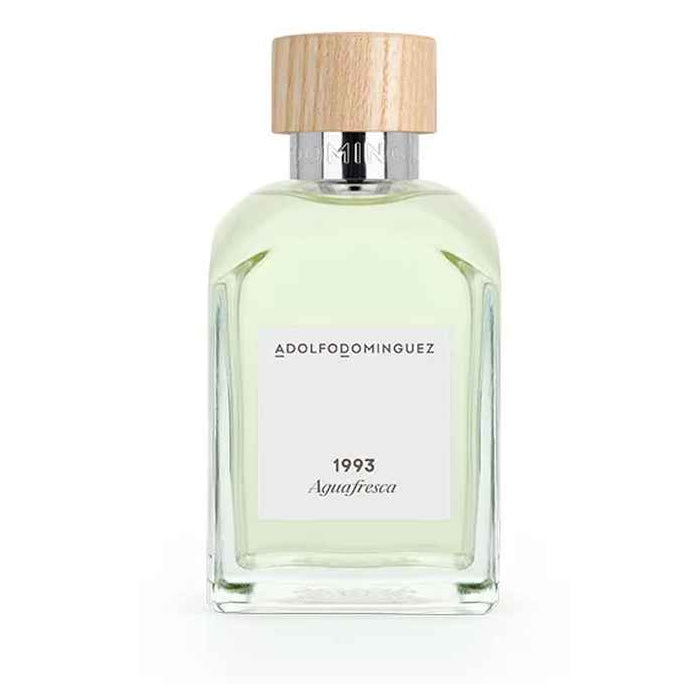 Adolfo Dominguez Agua Fresca Eau De Toilette spray 120ml bottle, featuring a sleek glass design and floral-inspired packaging.