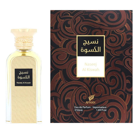 Afnan Naseej Al Kiswah Eau De Parfum 50ml spray bottle with elegant packaging, showcasing the fragrance's luxurious design.