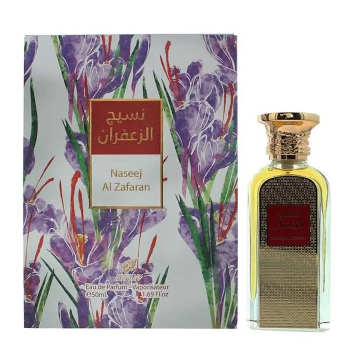 A 50ml spray bottle of Afnan Naseek Al Zafaran Eau De Parfum by Jag Couture London New York, with elegant gold cap and packaging