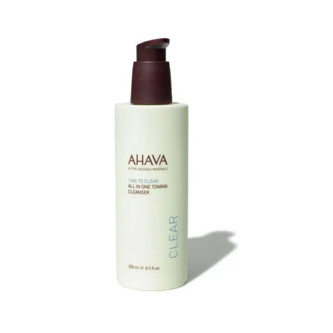 Ahava Time To Clear All In One Toning Cleanser 250ml, a gentle skincare product in a clear bottle with a flip cap.