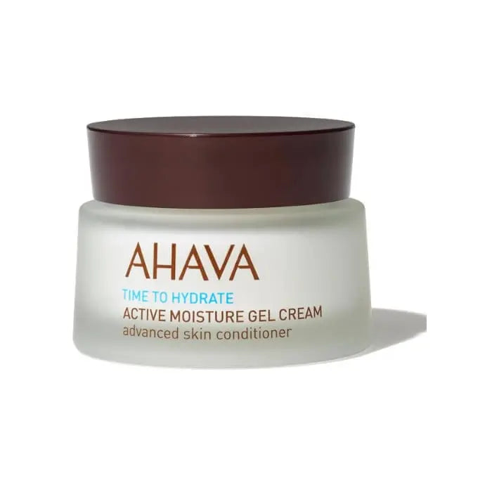 Ahava Time To Hydrate Active Moisture Gel Cream 50ml, hydrating skincare product in a clear jar with blue and white branding.