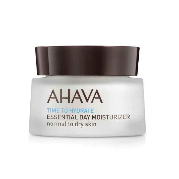 Ahava Time To Hydrate Essential Day Moisturizer for normal to dry skin, 50ml jar, with a clean, soothing appearance.
