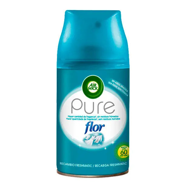 Air-Wick Amb Airwick Fres-M Rec floral fresh fabric softener in a clear bottle with a white cap, labeled with floral and fabric icons.