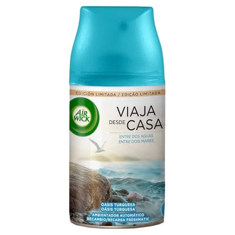 Air-Wick Freshmatic Oasis Turquesa air freshener bottle, 250ml, with a blue and turquoise label, by Jag Couture London New York
