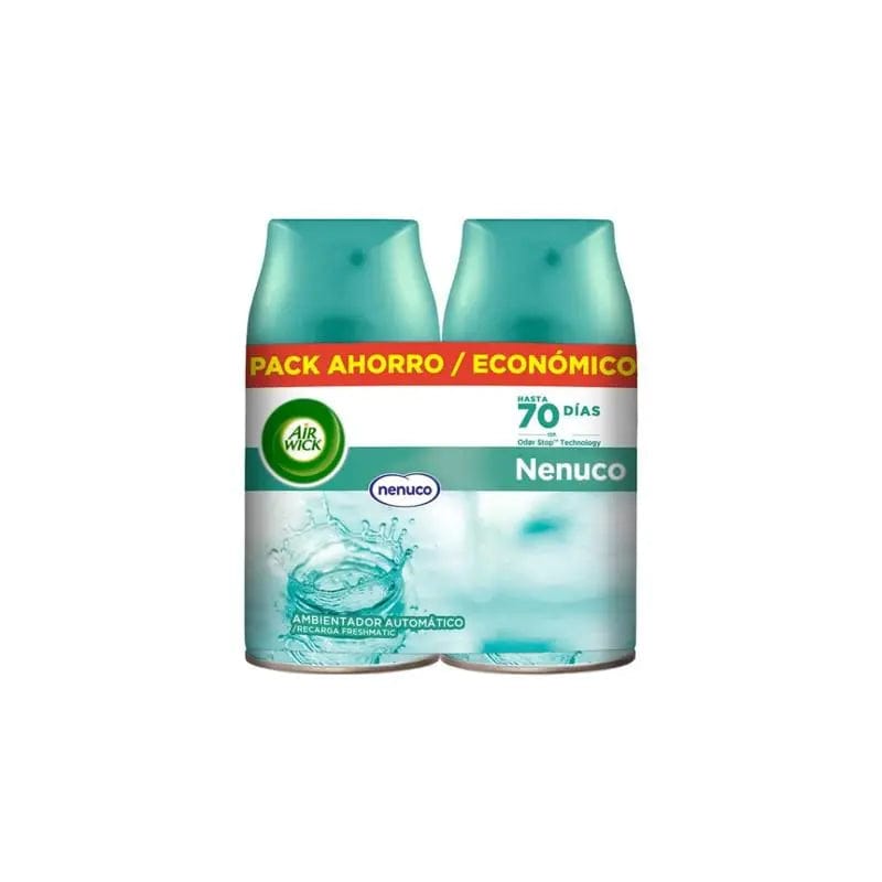 Air-Wick Freshmatic Nenuco ambientador recambio, 2 x 250ml bottle, with fresh, floral scent in transparent bottles.