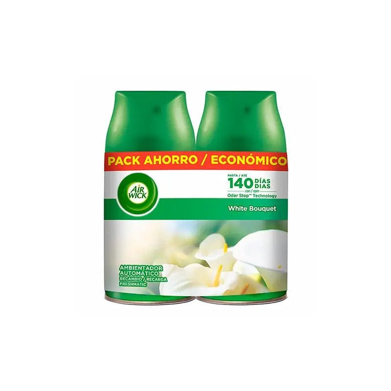 Air-Wick Freshmatic White Bouquet air freshener refill pack with two 250ml bottles, by Jag Couture London New York.