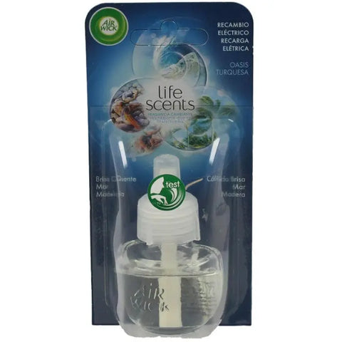 Air-Wick Life Scents Oasis Turquesa electric air freshener refill 17ml with vibrant blue packaging and branding elements.